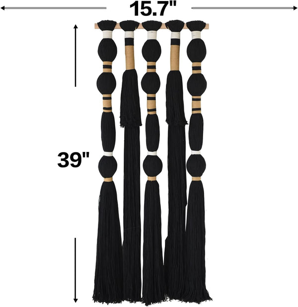 Macrame Wall Hanging Black Spherical Tassel Geometric Wall Art 15.7"W*39"L | Black Wall Art, Boho Style Piece, Modern Home Accent, Bedroom Hanging Decor, for Living Room, Apartment Interior Touch5