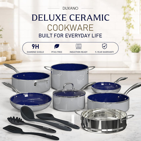 14-Piece Ceramic Cookware System, Complete Kitchen-In-A-Box Set with Grill Pan, Steamer & Utensils, Pfas-Free Nonstick Induction Cookware, Forged Aluminum Even Heat Set2