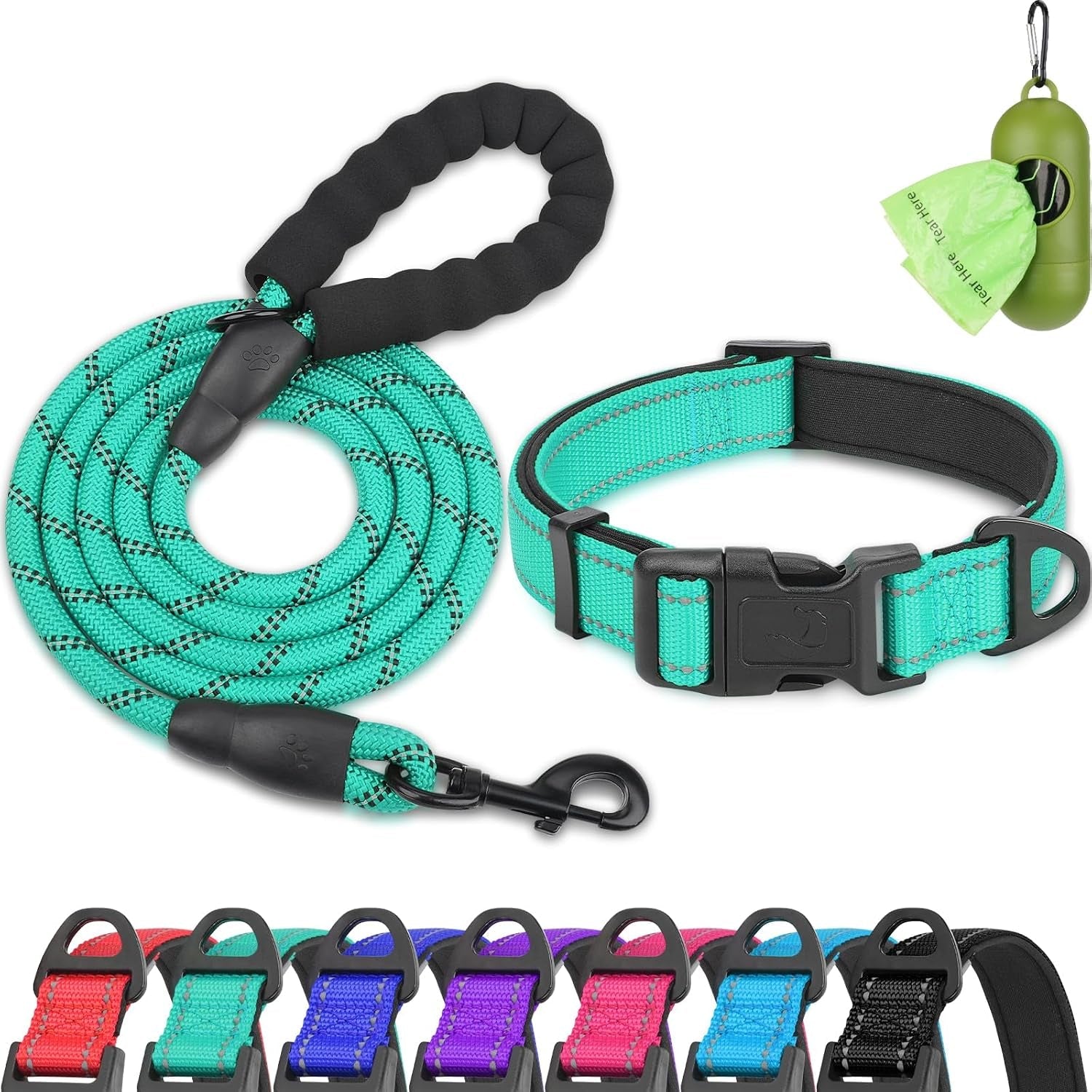 dynmeow-reflective-dog-collar-and-leash-set-for-large-dogs-teal-soft-neoprene-padded-6ft-climbing-rope-ideal-for-daily-outdoor-walking-or-indoor-wearing-night-visible-for-safety