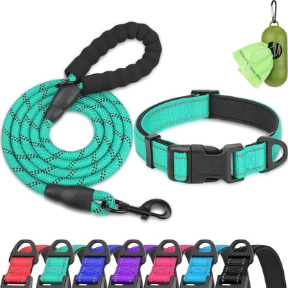 Dynmeow Reflective Dog Collar and Leash Set for Large Dogs, Teal | Soft Neoprene Padded, 6FT Climbing Rope, Ideal for Daily Outdoor Walking or Indoor Wearing, Night Visible for Safety1