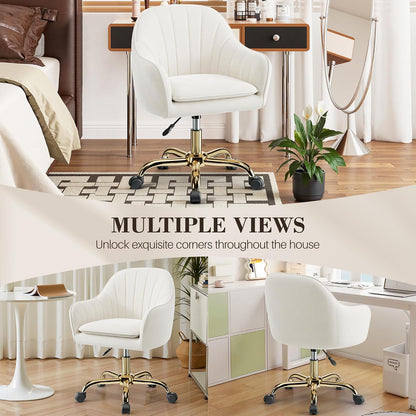 Vanity Chair with Wheels, Comfy Home Office Desk Chairs Adjustable Modern Velvet Makeup Vanity Chairs for Bedroom Living Room-Beige5