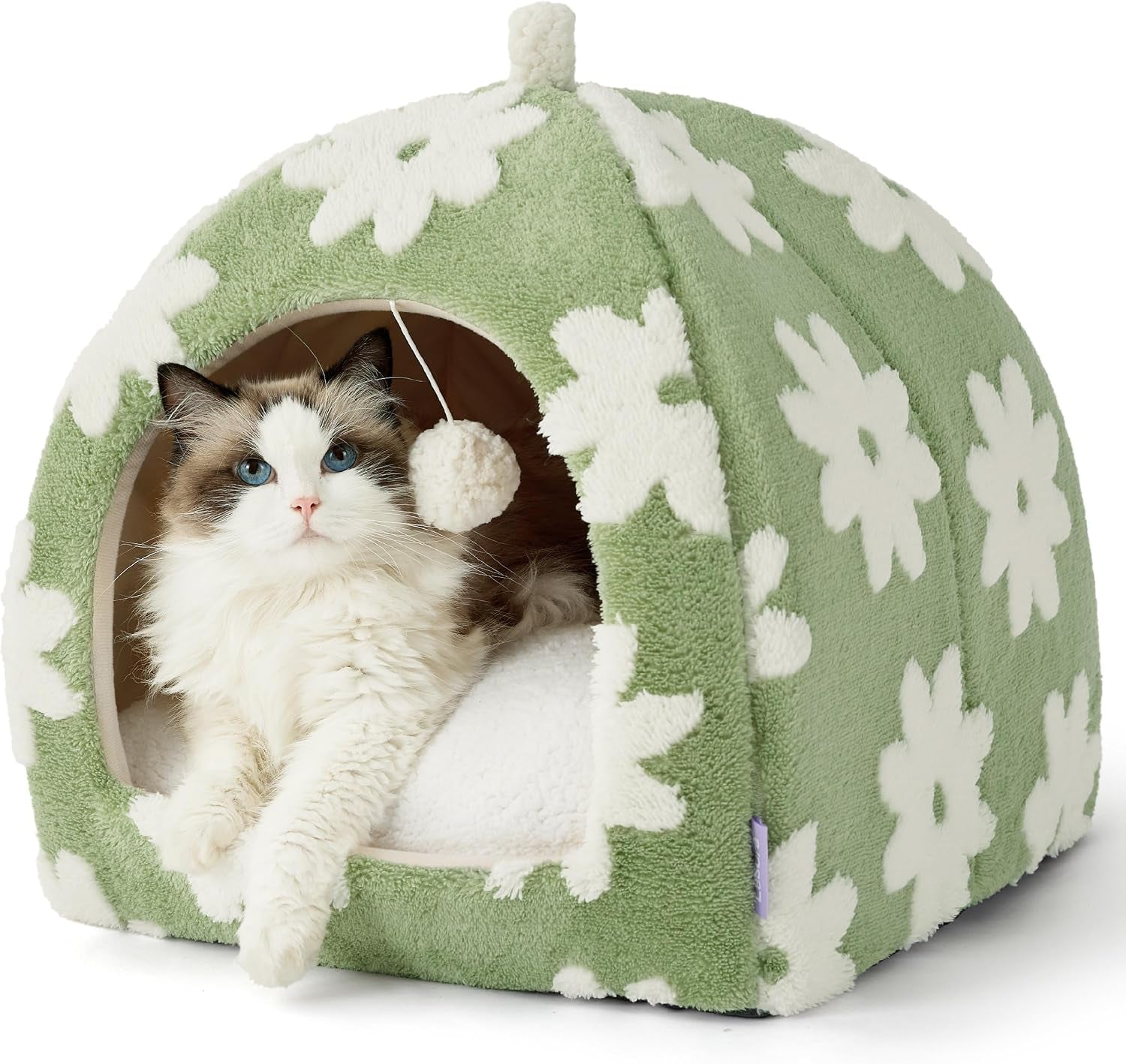 lesure-2in1-cute-cat-house-for-kitten-with-washable-cushioned-pillow-16in-cat-beds-for-indoor-cats-small-pet-cave-tent-cozy-enclosed-foldable-hideaway-fluffy-ball-anti-slip-bottom-hand-strap-purple