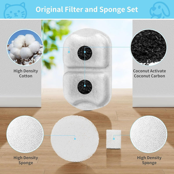 16 Set Dog Fountain Filter Replacement for 7L/230Oz/1.8G Stainless Steel Dog Water Dispenser, YOIHABV Cat Fountain Filters, Triple Filtration Pet Water Filter, Replacement Filters and Sponges4