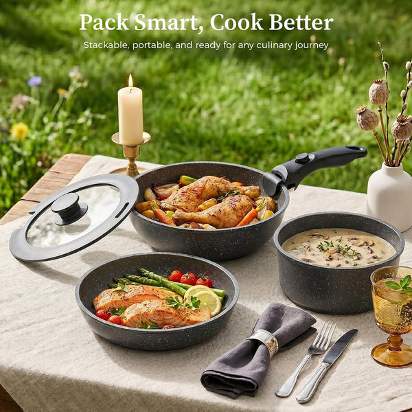 9Pcs Granite Nonstick Pots and Pans Set, Stackable, Oven Safe | Non-Toxic Cookware Set with Detachable Handle for Rvs, Camping, Pfos/Pfoa-Free Induction Compatible9