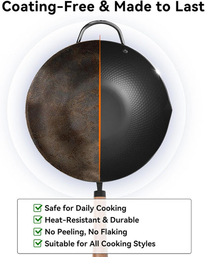 Carbon Steel Wok with Lid, 12.6" Hammered Stir Fry Pan with Helper Handle & Iron Spatula, Thickened Heavy Duty Flat Bottom Wok for Induction, Electric & Gas Stoves, Metal Utensil Safe7