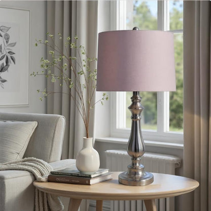 29.5" Brushed Nickel Table Lamp Set W/Grey Linen Drum Shades2