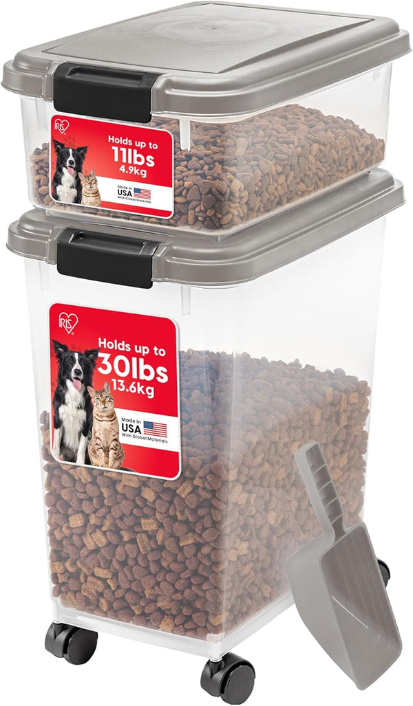 IRIS USA Dog Food Storage Container 30 Lb + 11Lb Airtight Combo, Stackable Pet Food Storage Bin with Wheels for Cat Dog Food, BPA Free, Made in USA, Black | Stackable Pet Food Plastic Storage Bins with Wheels for Cat and Dog Food, Made in USA12