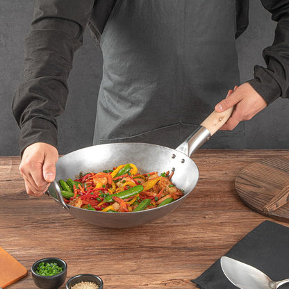Carbon Steel Wok 1 Pack of 12 Inch Heavy-Duty Stir Fry Pan Silver Hand Hammered Wok Efficient Maneuvering Steel Helper Handle Uniform Heat Distribution Asian Cooking5