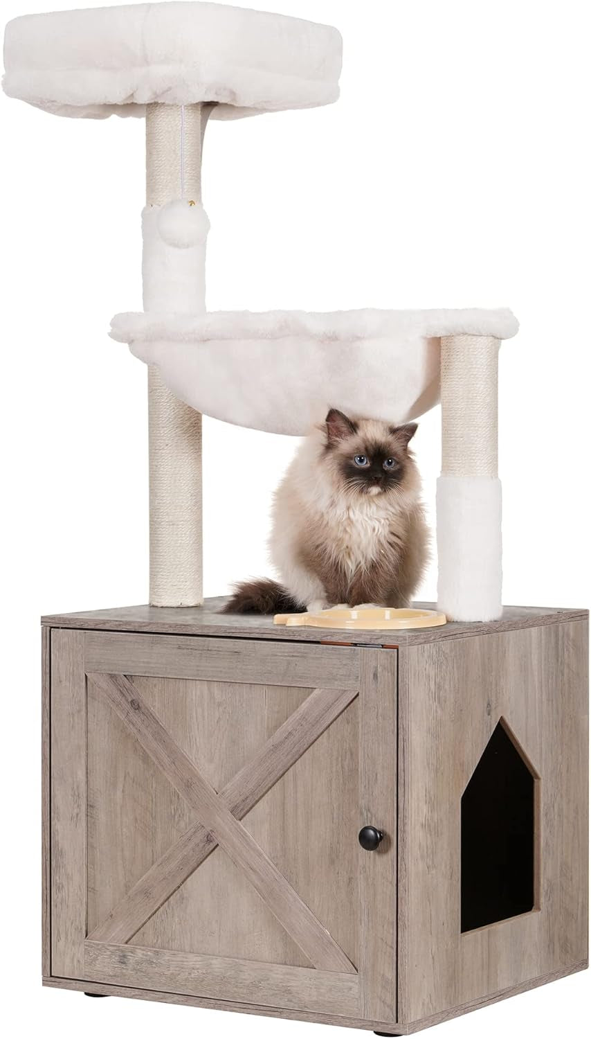 hey-brother-cat-tree-tower-litter-box-enclosure-food-station-mpj100sg-47-24-inches-wooden-all-in-one-cat-house-large-hammock-bed-scratching-posts-modern-style-for-indoor-cats-rustic-gray