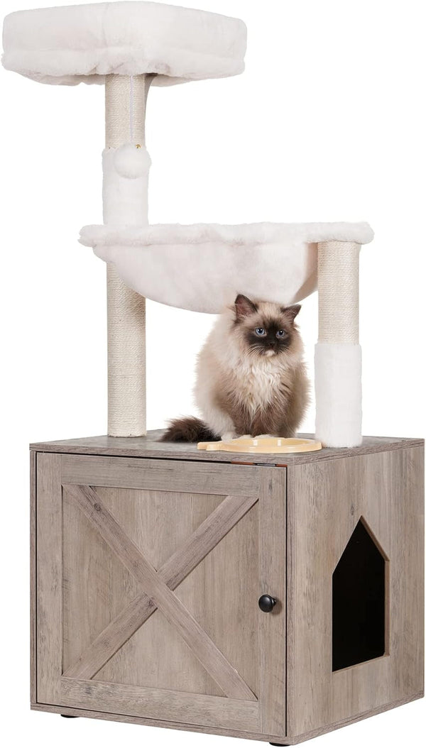 Hey-Brother Cat Tree Tower, Litter Box Enclosure, Food Station, MPJ100SG | 47.24 Inches Wooden All-In-One Cat House, Large Hammock, Bed, Scratching Posts, Modern Style for Indoor Cats, Rustic Gray1