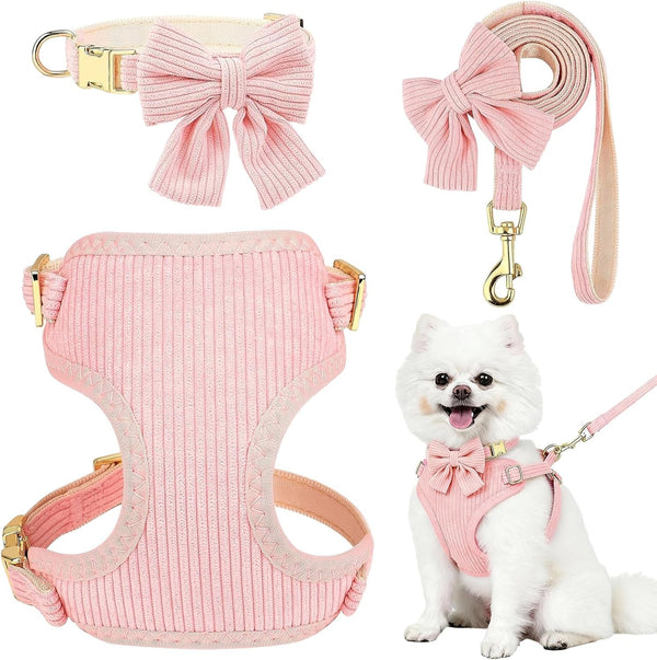 Small Dog Collar Harness and Leash Set, Dog Harness No Pull with Bowtie, Breathable Cotton Adjustable Pet Puppy Harness, Easy Walk Dog Harness, S(14–18.9")1