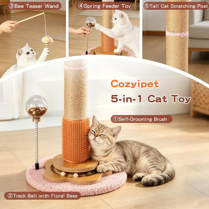 45" Tall Cat Scratching Post for Large Cats Adults | Grooming Brush, Track Ball, Spring Feeder & 3 Bee Toys, Sisal Rope Large Cat Scratcher Tree with Leaves for Indoor Cats, Pink3