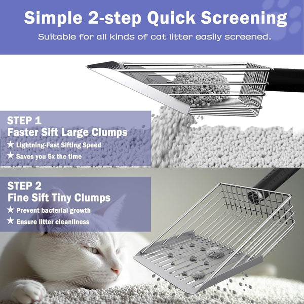 Cat Litter Scooper with Holder, Metal Litter Scoop Includes Portable Small Broom and Dustpan Set, Heavy Duty Stainless Steel Litter Scoop with Coarse and Fine Grid, Quick Sift and Easy Clean4