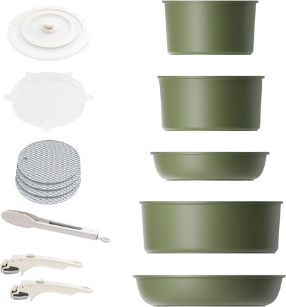 Detachable Nonstick Cookware Set - Stackable Induction Pots and Pans with Removable Handles, Dishwasher Safe - for RV Camping, Oven and Stovetop Use, 5 Pieces (Green)7