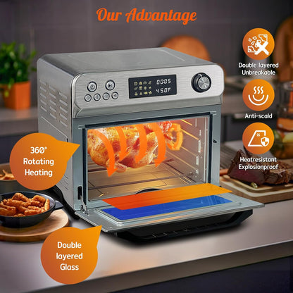 Air Fryer Toaster Oven Combo, 26Quart 10-In-1 Extra Large Countertop Convection Oven with LED Display Knob Control, 1800W Stainless Steel, Less Oil, Faster Cooking,7 Accessories+Recipe3
