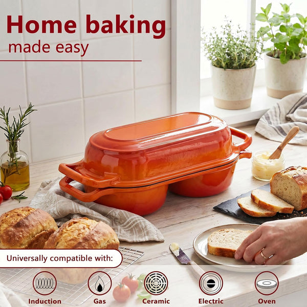 Cast Iron Bread Pan with Lid, Double Dutch Oven for Sourdough Bread Baking, 2 round Loaf Compartments + 2Pack 5-Inch Baking Bowls and 2 Anti-Scald Clips, Oven Safe to 500°F, Dutch Oven Red6