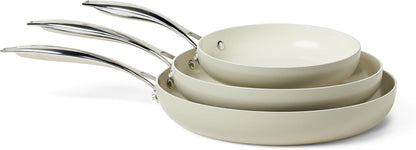 Ceramic Nonstick Cookware, 3-Piece Set of Frying Pans, All Cooktop Induction Compatible, Dishwasher-Safe, Oven-Safe, Linen Gray1
