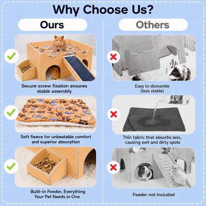 Guinea Pig Wooden Hideout with Built-In Feeder, Screw-Assembled Natural Wood Castle with Absorbent Fleece Mat, Ramp & Accessories, Cozy Safe Hideaway for Small Pets to Rest, Play & Explore6