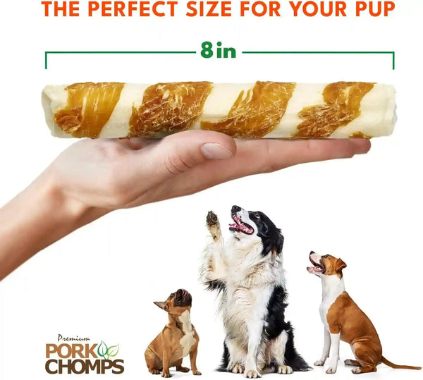 Pork Chomps Baked Pork Skin Dog Chews, 8 in Rolls, Chicken, 2 Count | Made with a Real Chicken Wrap over Oven-Baked Pork Skin - Rawhide-Free, Low in Fat, and Easy to Digest4