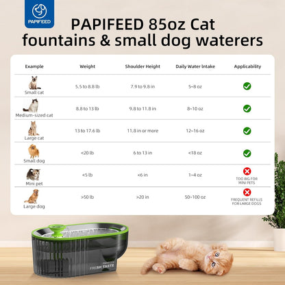 PAPIFEED Cat Water Fountain Stainless Steel with a Silicone Mat, 84Oz/2.5L Automatic Pet Water Fountain with LED Water Level Window, Quiet Low Power Cat Water Bowl & Cat Water Dispenser (Green)2