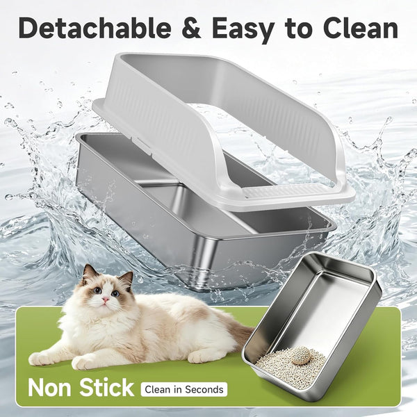 Stainless Steel Cat Litter Box with Lid, XL Metal High Sided Litter Box | Odor Free Open Top Litter Pan Easy Cleaning Anti-Urine Leakage Non-Stick Includes Scoop Light Grey4