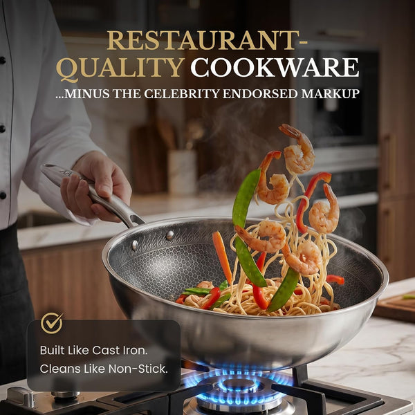 ® 11" Honeycomb Stainless Steel Wok with Lid, Nonstick, Induction Safe | Heavy-Duty Stir Fry Pan, Induction Compatible & Even Heat Distribution, Pfoa-Free Non Toxic Cookware, Oven & Dishwasher Safe7