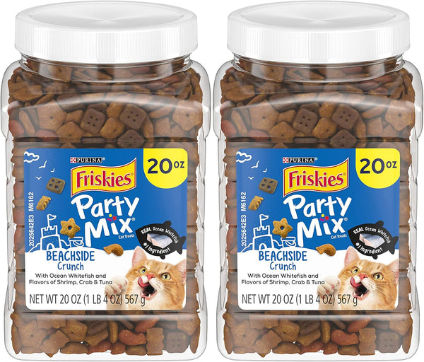 Purina Friskies Party Mix Cat Treats, Beachside Crunch, Made with Ocean Whitefish, Crunchy Cat Treats for Adult Cats, 20-Ounce Resealable Canister (Pack of 2)1