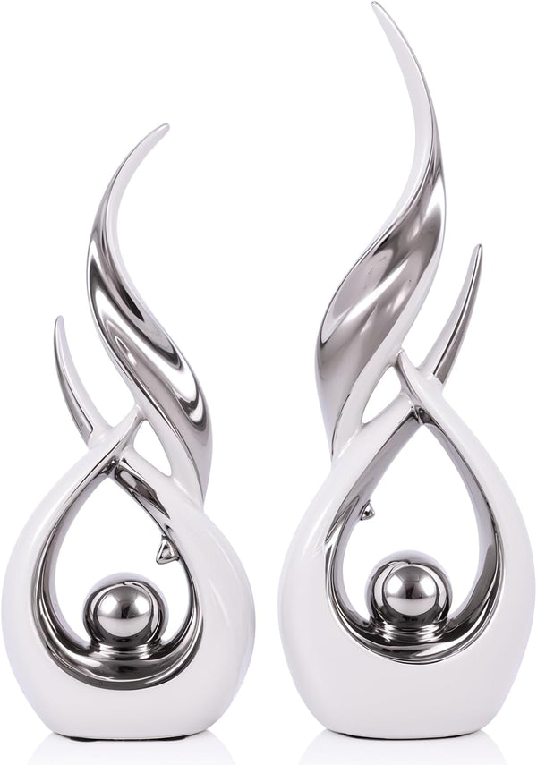 2 PCS White Silver Ceramic Statues for Home Decor Accents, Modern Abstract Art Sculptures, Elegant Tabletop Decorative Objects for Dining Room, Entryway, Tv Stand, Mantel, Coffee Table Centerpieces1
