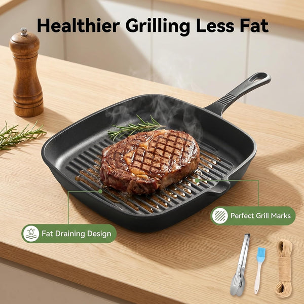 Cast Iron Grill Pan 9.5" Square Griddle Skillet with Pour Spout Oven Safe6