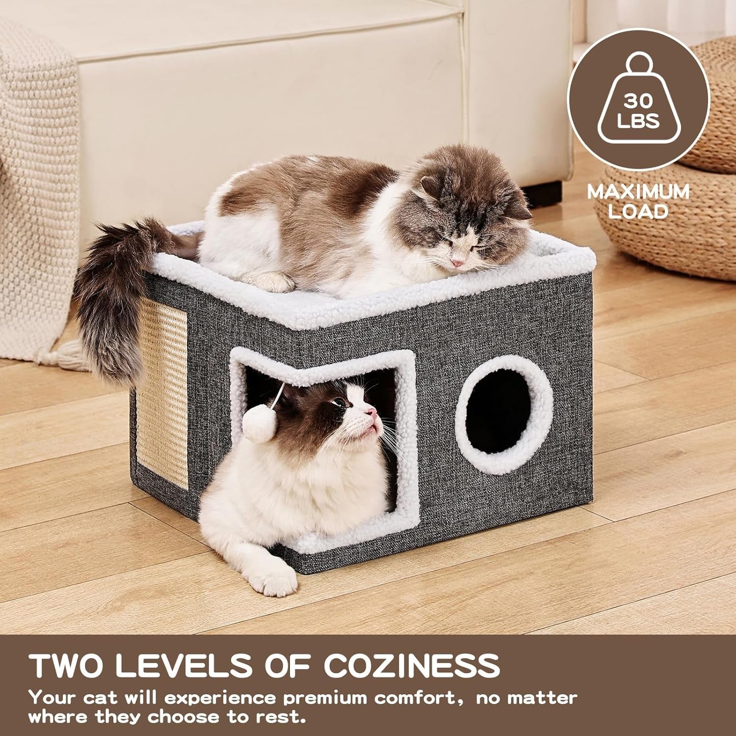 large-cat-houses-for-indoor-cats-with-fluffy-ball-and-scratch-pad-foldable-cat-bed-cave-for-multiple-pets-kitten-bed-for-all-seasons-non-slip-hold-up-to-30lbs-16x16x13inch-grey
