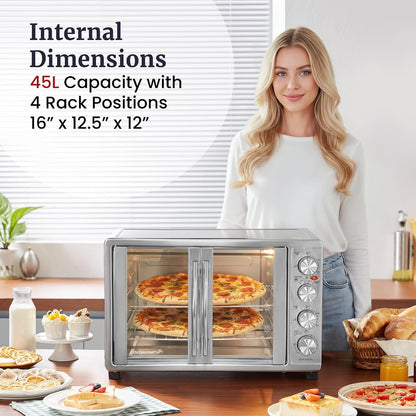 ETO4510B# French Door Convection Oven 47.5Qt, Stainless Steel | 18-Slice Capacity, 4-Control Knobs for Bake/Broil/Toast/Rotisserie/Keep Warm, Includes 2 X 12" Pizza Racks2