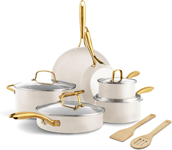 12 Piece Nonstick Swift Cookware Set, Ceramic Pfas-Free Pots & Pans with Lids, Dishwasher & Oven/Broiler Safe to 600F, Kitchen Cooking Set, Sauce, Saute, Stock, Frying Pans, Cream1