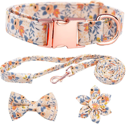 Dog Collar and Leash Set Girls Adjustable Puppy Collars with Floral Bow Tie for Small Medium Large Female Dogs, Orange Flower, S1