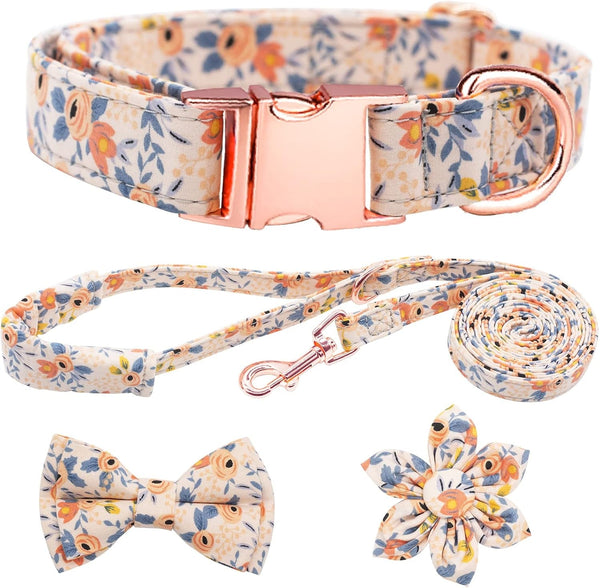 Dog Collar and Leash Set Girls Adjustable Puppy Collars with Floral Bow Tie for Small Medium Large Female Dogs, Orange Flower, S1
