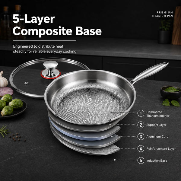 13Inch Titanium Pro Pans for Cooking, Titanium Frying Pan with Lid | Uncoated Hammered Cookware, Pfas-Free & No Coating, Oven & Induction Safe, Scratch-Resistant, Even Heating, Dishwasher Safe4