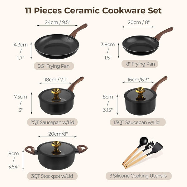 Pots and Pans Set Non Stick, 11Pcs Black Ceramic Cookware Set | Compact Nonstick Cooking Set, Starter Pots and Pans, Induction Cookware, Easy to Clean, Non-Toxic, PFOA & PFAS Free2