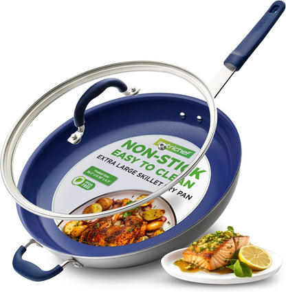 14" Fry Pan with Lid - Extra Large Skillet Nonstick Frying Pan with Silicone Handle, Ceramic Coating, Blue Silicone Handle, Stain-Resistant and Easy to Clean, Professional Home Cookware1