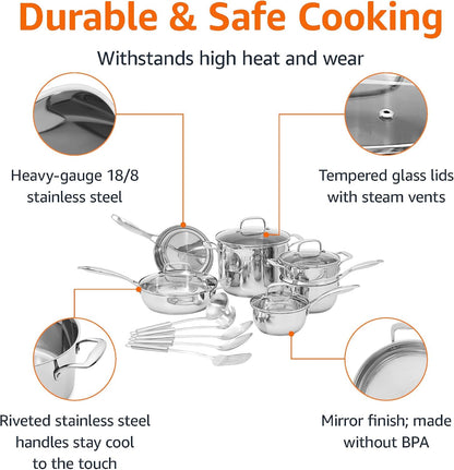 Stainless Steel Cookware 15-Piece Set, Oven Safe, Induction-Ready, Even Heating, Easy to Clean, Stay-Cool Handles, Pots and Pans, Silver2
