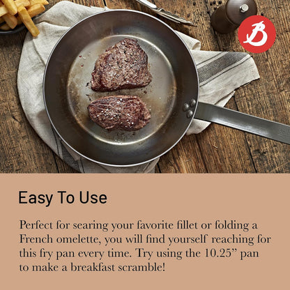 MINERAL B Carbon Steel Fry Pan - 10.25” Diameter, 7.3” Cooking Surface - Ideal for Searing, Sauteing & Reheating - Naturally Non-Stick Finish - Made in France5