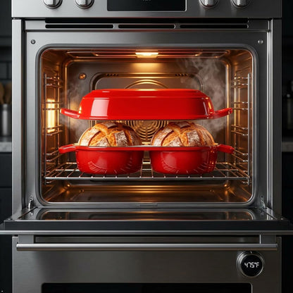 Enameled Cast Iron Mini Double Dutch Oven with Lid, Dual Chamber Small Sourdough Loaf Pans, Nonstick Bread Pot for Sourdough Baking, Fits Oven & Induction Cooktop, Red-2.2Qt5