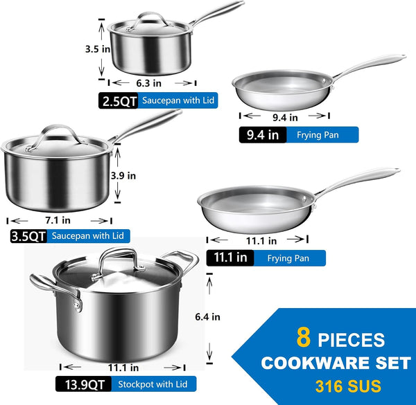 Stainless Steel Cookware Set, 5-Ply Cookware，8-Piece Pots and Pans Set, 316L Professional Grade, Oven and Broiler Safe to 650°F, Dishwasher Safe, Durable, Induction Compatible, Silver5