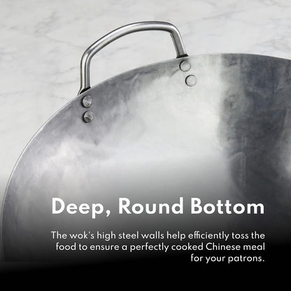 Carbon Steel Wok Set - 14" round Bottom, Hand Hammered with Wood and Steel Helper Handle, Includes Rack/Ring and Spatula (Hand Wash Recommended)5