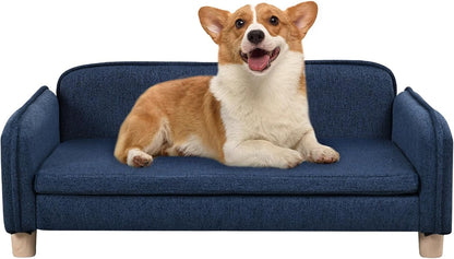 Big Sized Dog Bed -Wooden Frame Pet Sofa Couch, Washable Cushion Cat Couch, Linen Fabric Dog Sofa and Chair for Medium Pet Rest. (Brown)10