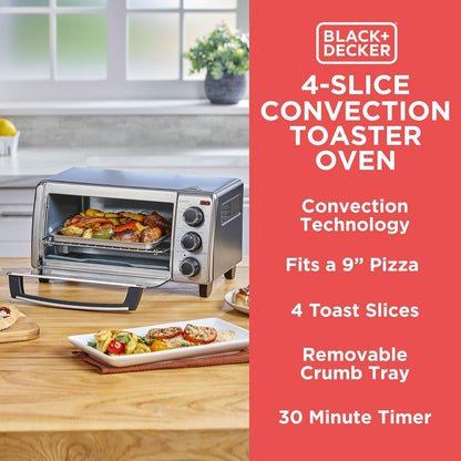 BLACK+DECKER TO1313SBD Toaster Oven, 15.47 Inch, Silver | Compact Convection Oven Fits a 9-Inch Pizza with Timer, Stay-On Function and Removable Crumb Tray.9