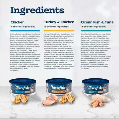 Blue Buffalo Tastefuls Wet Cat Food Paté Variety Pack (Chicken, Turkey & Chicken, Ocean Fish & Tuna) for Adult Cats, Made with Natural Ingredients, 5.5-Oz. Each (24 Cans)5