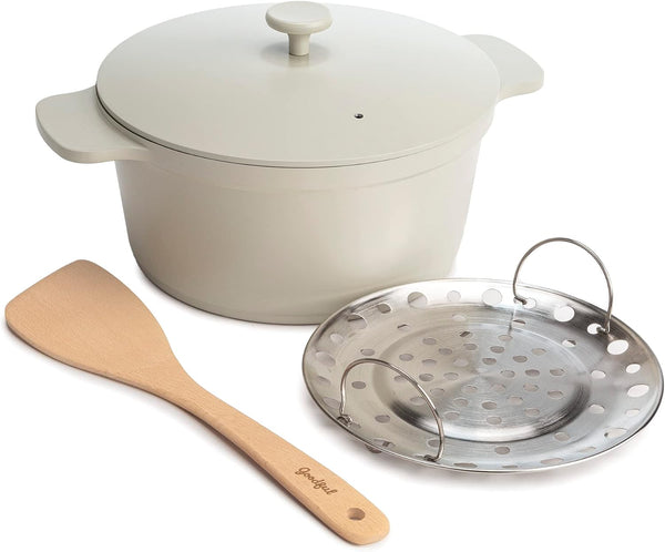 All-In-One Pot, Multilayer Nonstick, High Performance Cast Dutch Oven with Matching Lid, Roasting Rack and Turner, Made without PFOA, Dishwasher Safe Cookware, 4.7-Quart, Linen1
