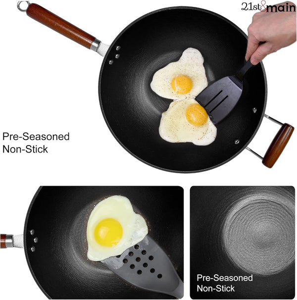 Light Weight Cast Iron Wok, Stir Fry Pan, Wooden Handle, 14 Inch, Chef’S Pan, Pre-Seasoned Nonstick, Commercial and Household, for Chinese Japanese and Others Cooking5