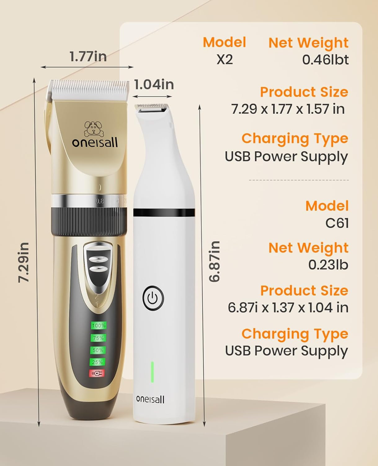 oneisall-dog-clippers-and-paw-trimmer-kit-for-small-large-dogs-cats-low-noise-powerful-motor-cordless-long-battery-life-simple-for-beginners-6-guide-combs-removable-rinsable-blade
