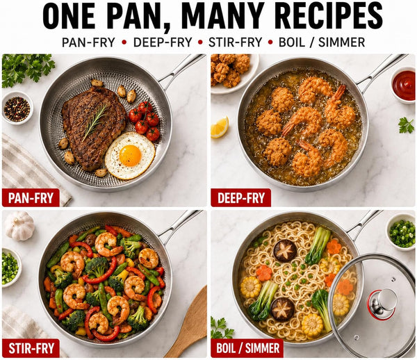 Titanium Hammered Pan with Lid, Thickened Multi-Layer Stock Pot, Titanium Wok Pan, Scratch-Resistant Non Stick Titanium Frying Pans, Even Heating for Cooking,9.44In/Lid6