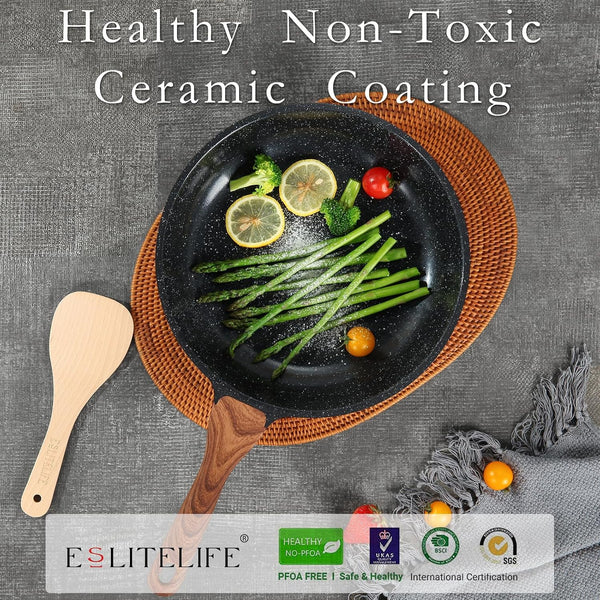Nonstick Ceramic Frying Pans Skillets Set with Lids, Non-Toxic Egg Omelette Kitchen Cooking Pans Compatible with All Stovetops (Gas, Electric & Induction), PTFE & PFOA Free (Black)3